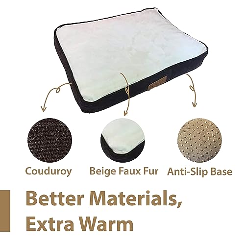 Ellie-Bo Orthopaedic Foam Dog Bed with Brown Corduroy Sides and Beige Faux Fur Topping